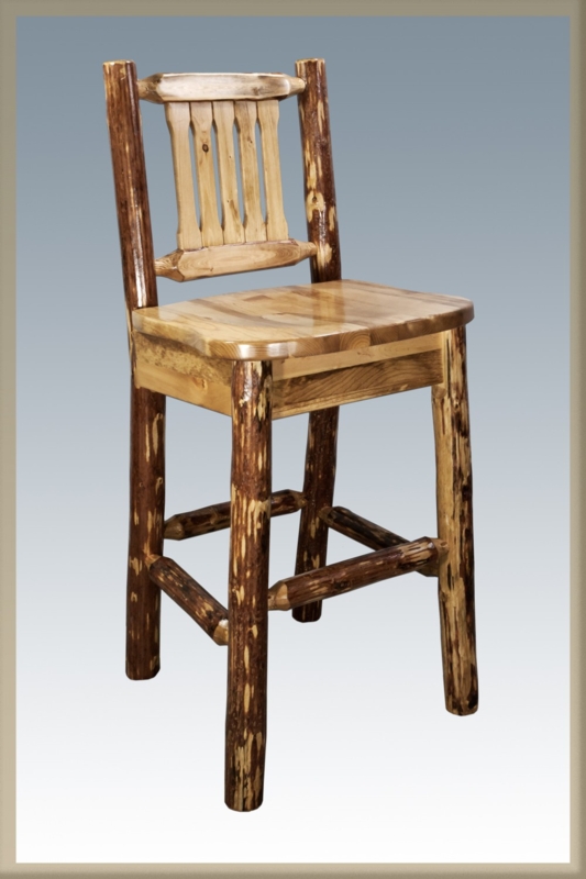 Bar Stool Pine Log Frame with Skip Peeled Finish and Slat Back