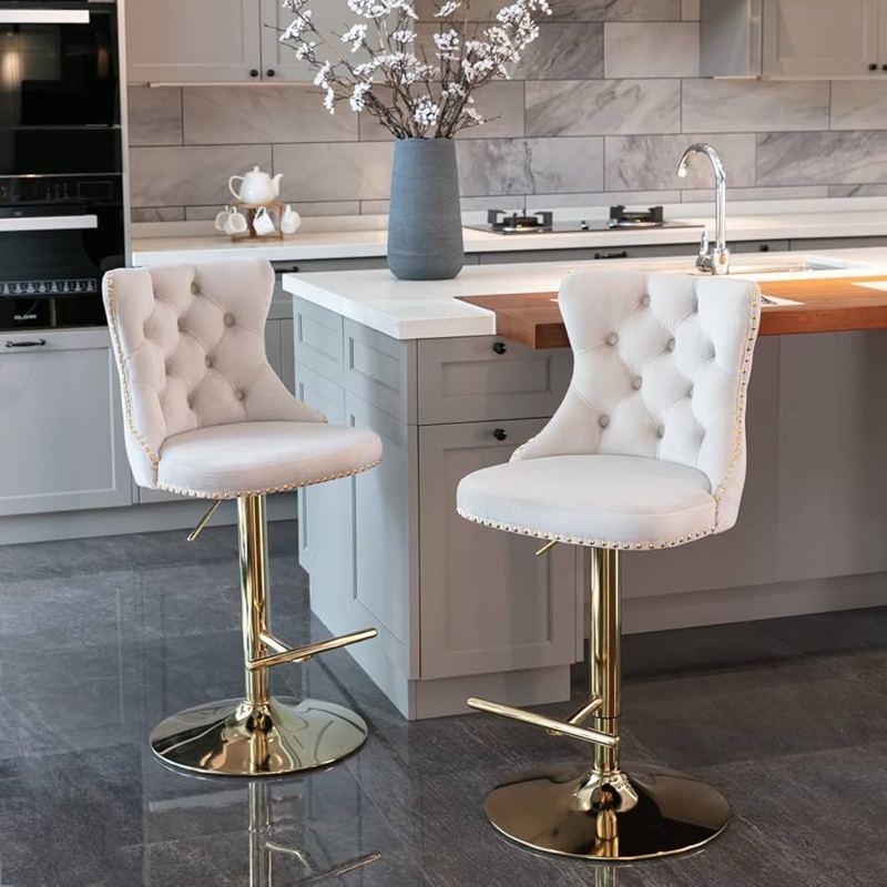 Bar Stool Polished Gold Base Adjustable Height Tufted Back Beige