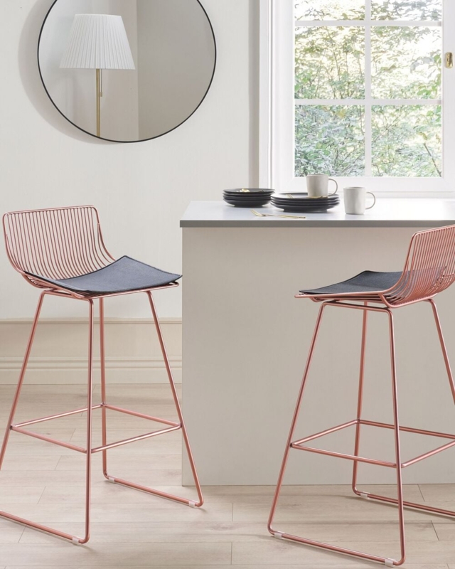Bar Stool Polished Rose Gold Wire Frame Sled Base Seat Pad Contemporary