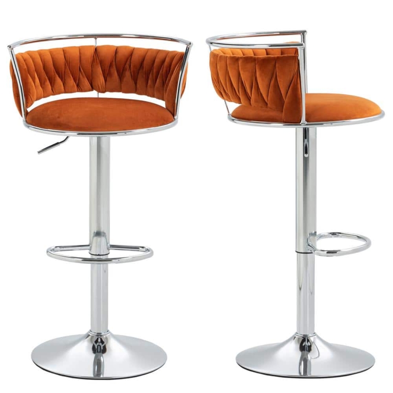 Bar Stool, Polished Silver Pedestal with Pleated Velvet Backrest
