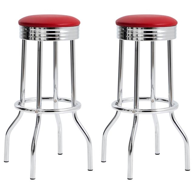 Bar Stool Red Vinyl Polished Chrome Ribbed Apron Retro Diner Style