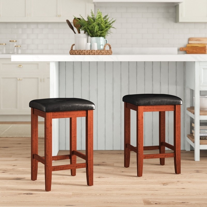 Bar Stool Reddish Wood Frame Upholstered Seat Backless