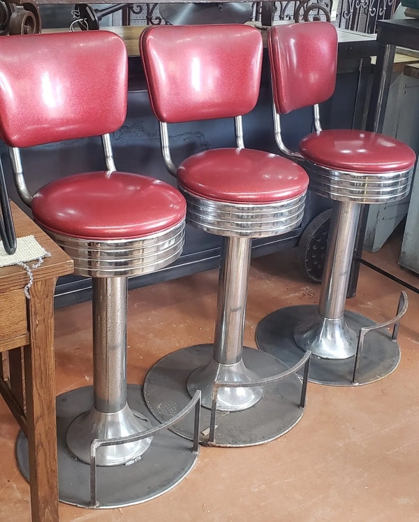 Bar Stool Retro Ruby Red Vinyl Polished Chrome Ribbed Apron Base