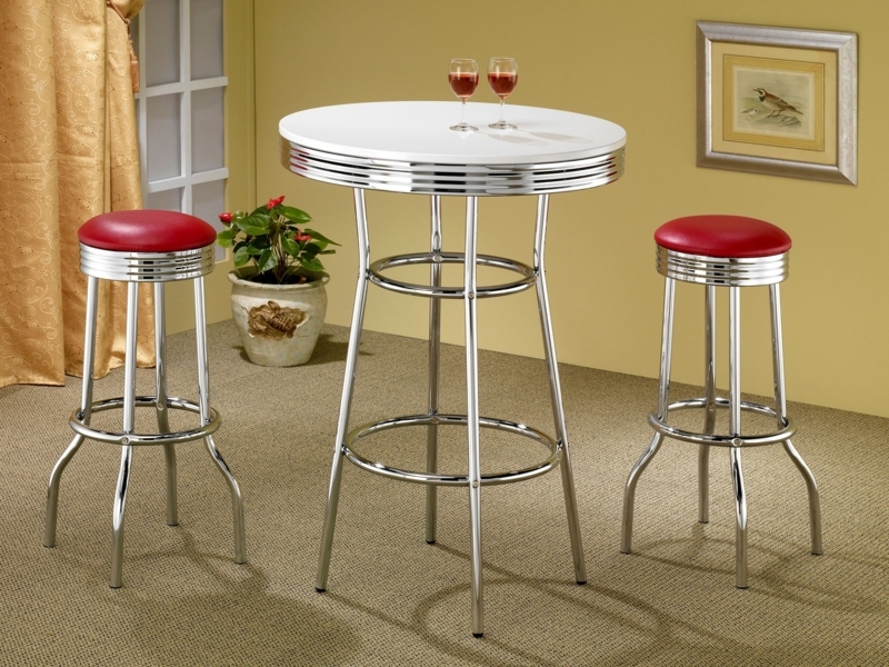 Bar Stool Ribbed Metal Trim Poppy Red Swivel Polished Chrome