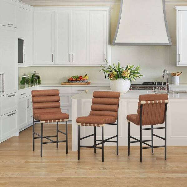Bar Stool Ribbed Tan Leather Look Horizontal Channel Tufting