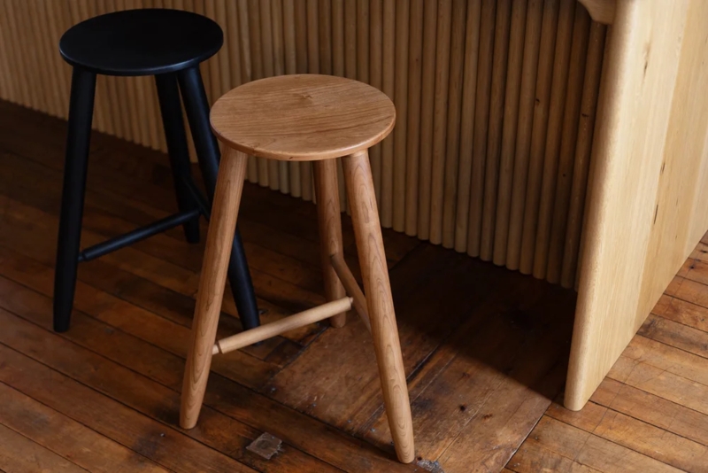 Bar Stool Round Seat Cherry Wood Matte Black Finish