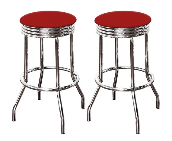 Bar Stool Ruby Red Vinyl Backless Swivel Ribbed Chrome Frame