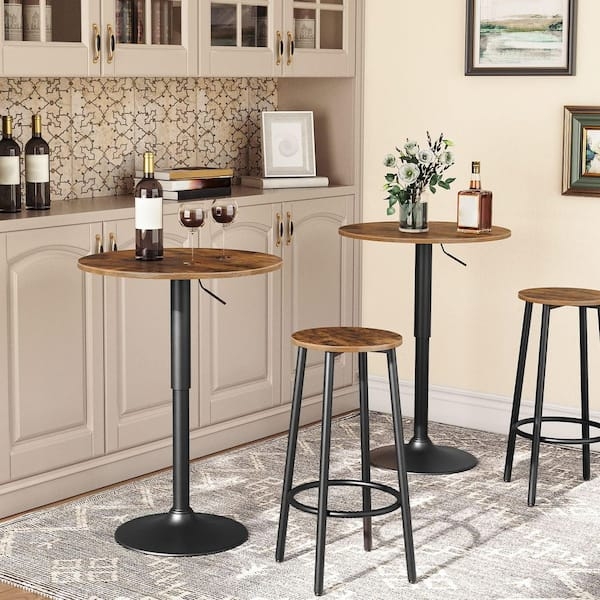 Bar Stool, Rustic Brown Round Wood Seat with Metal Footrest Ring