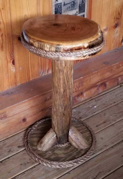 Bar Stool Rustic Log Pedestal with Rope Trim and Slab Seat Top