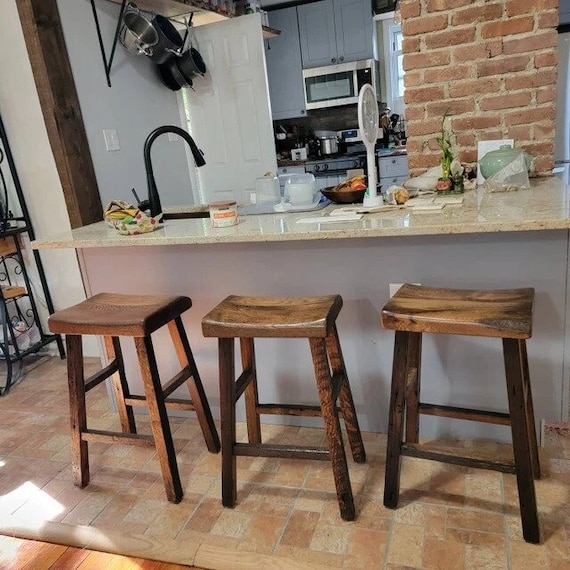 Bar Stool Rustic Reclaimed Wood with Contoured Saddle Seat