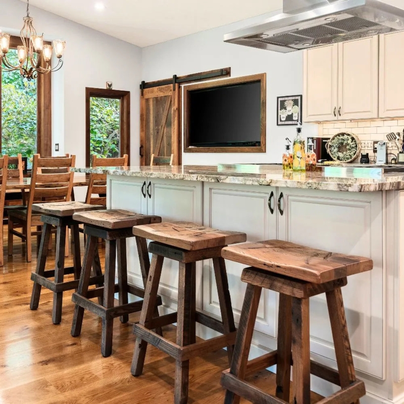 Bar Stool Rustic Wood Swivel Rough-Hewn Rectangular Seat