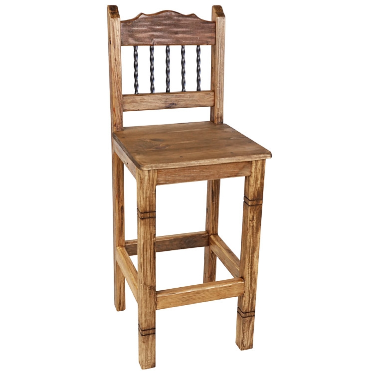 Bar Stool Rustic Wood with Twisted Iron Spindles in Backrest