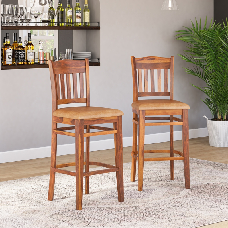 Bar Stool Rustic Wooden Slatted Back Leather Like Seat