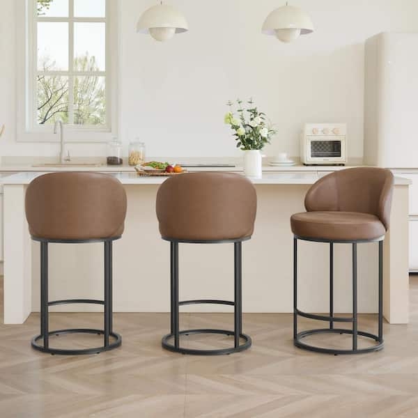Bar Stool Saddle Brown Upholstery Matte Black Frame Curved Back Modern