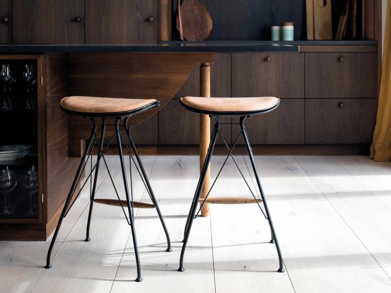 Bar Stool Saddle Seat Wire Frame Wood Footrest Industrial Sculptural