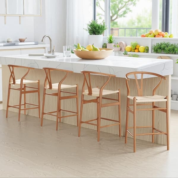 Bar Stool, Satin Walnut Finish Y-Back with Woven Cord Seat design.