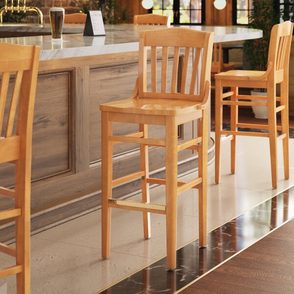 Bar Stool Schoolhouse Back Natural Wood with Brass Footrest