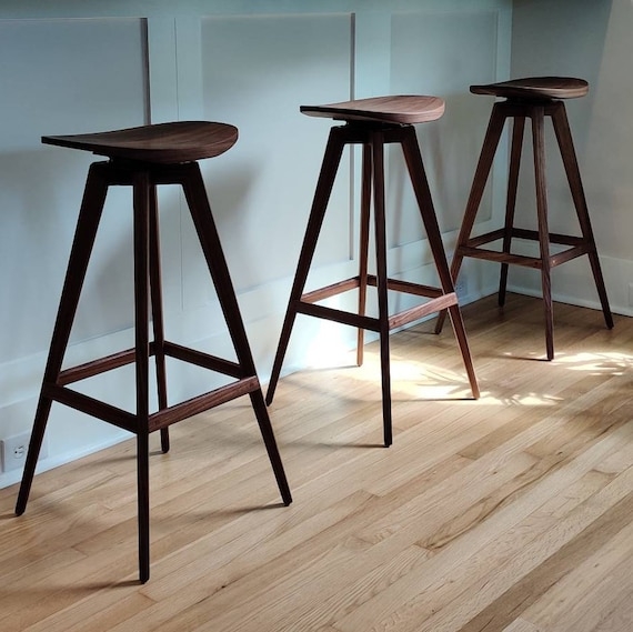 Bar Stool Sculptural Cupped Seat Swivel Walnut Finish Tapered Legs