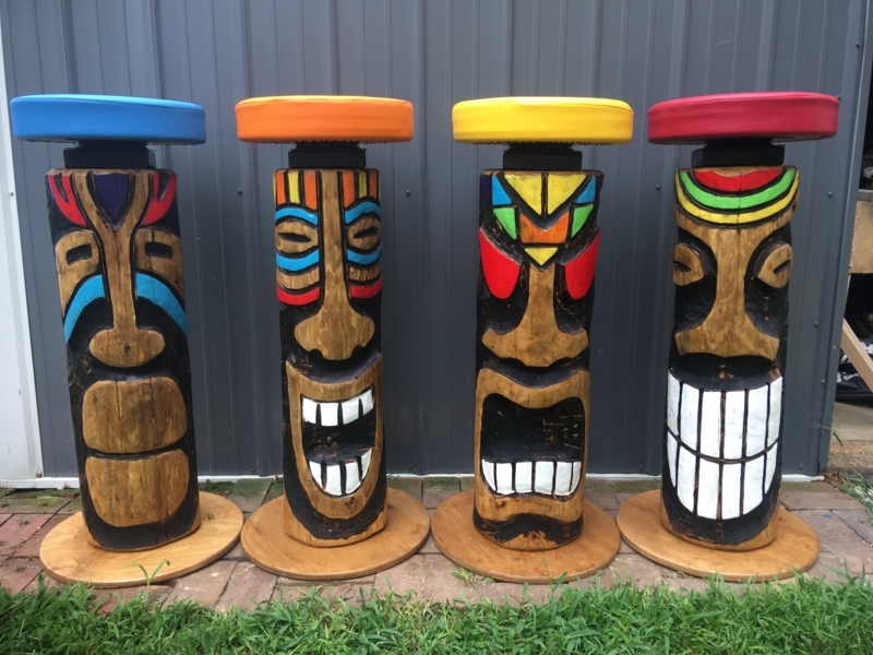 Bar Stool Sculptural Tiki Face Base with Multi-Color Cushions
