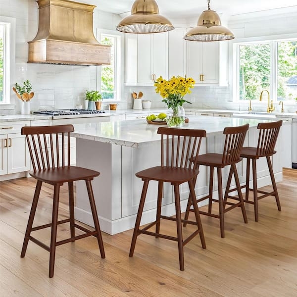 Bar Stool Set in Walnut Brown Wood Finish, Spindle Back Kitchen Stools.