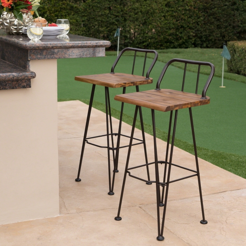 Bar Stool Set Industrial Acacia Spindle Back Iron Frame