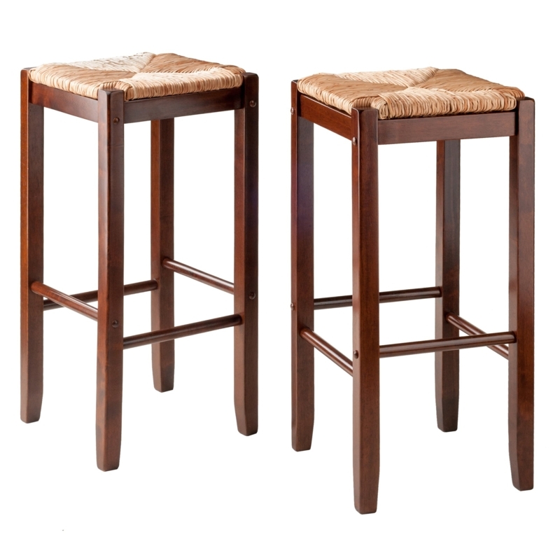Bar Stool Set Walnut Finish Rush Seat Backless Farmhouse Seating