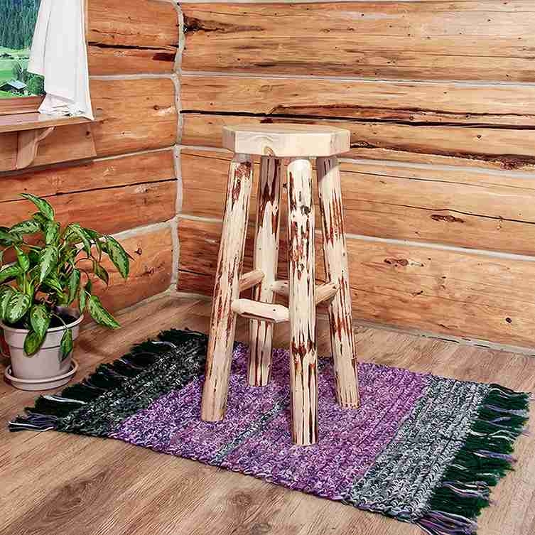 Bar Stool Skip Peeled Pine Log Construction with Octagonal Seat Top