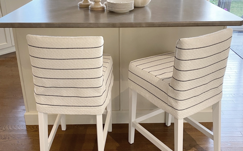 Bar Stool Slipcover Ticking Stripe on White Wood Base