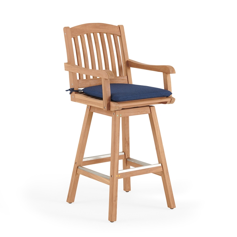 Bar Stool Solid Teak Wood Swivel Slatted Back Navy Cushion Coastal