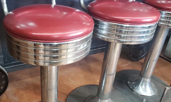 Bar Stool Sparkly Red Vinyl Pedestal Base Ribbed Chrome