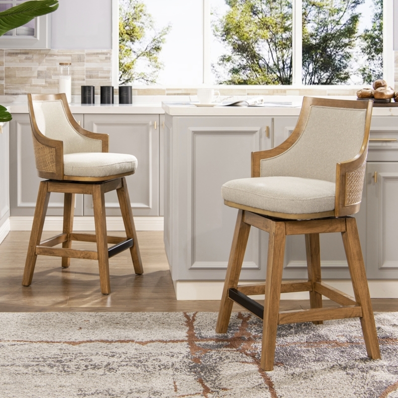 Bar Stool Swivel Cane Back Recessed Arms Upholstered Transitional Seating
