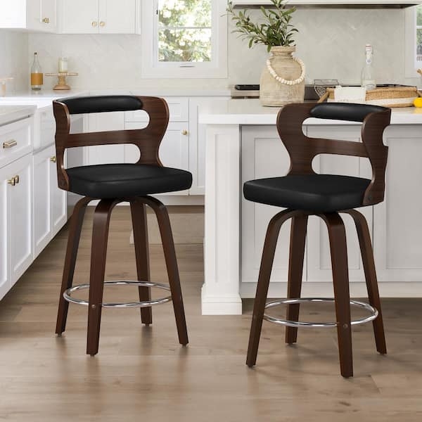 Bar Stool Swivel Modern Bentwood Walnut Black Seat Chrome Footrest