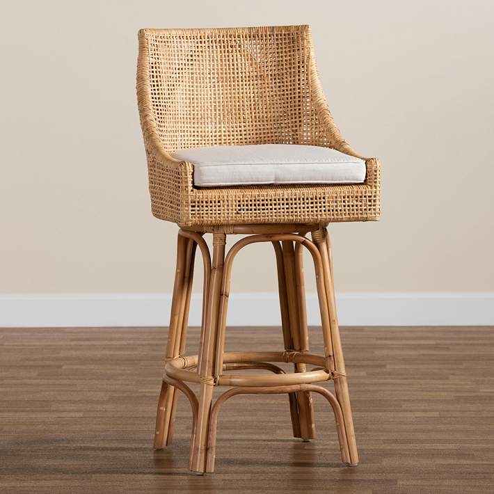 Bar Stool Swivel Natural Rattan Woven Mesh High Back Coastal Chair