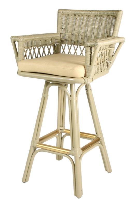 Bar Stool Swivel Wicker Lattice Weave Brass Footrest Tropical Seating