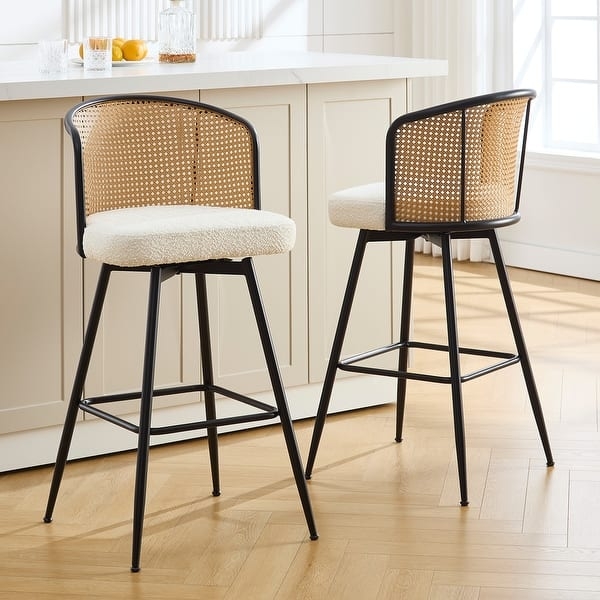 Bar Stool Swivel Woven Cane Matte Black Frame Modern Boho Seating