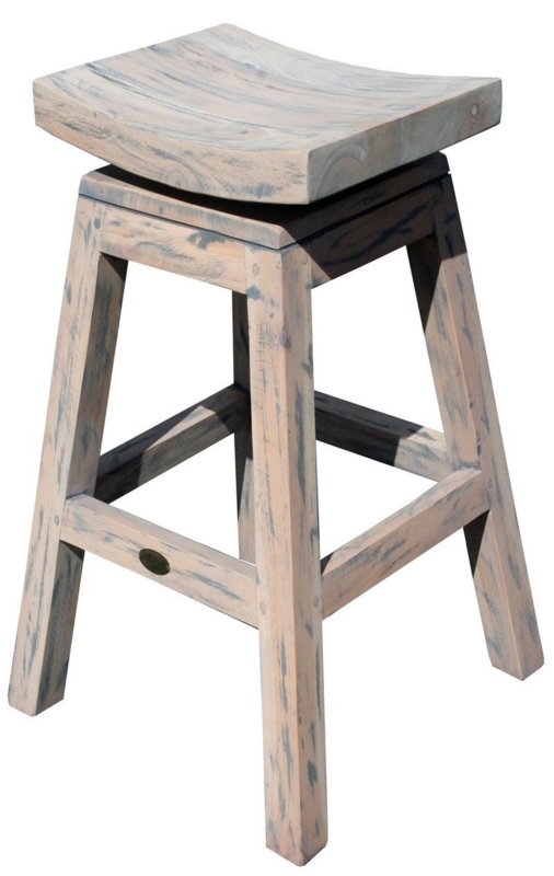Bar Stool Teak Swivel Saddle Seat Distressed Whitewash Coastal