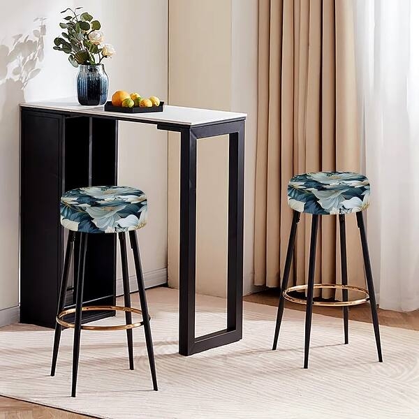 Bar Stool Teal Upholstered with Gold Ring Footrest and Floral Print