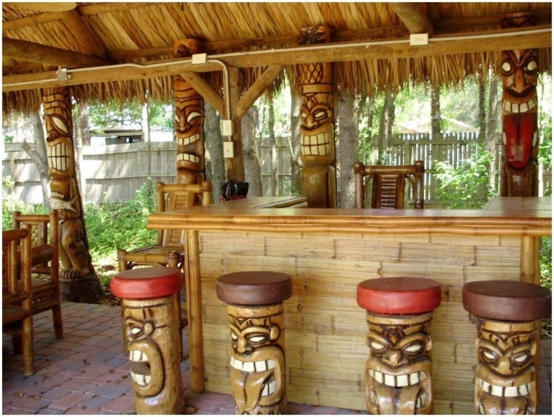 Bar Stool Tiki Mask Base with Round Padded Seat and Rustic Finish