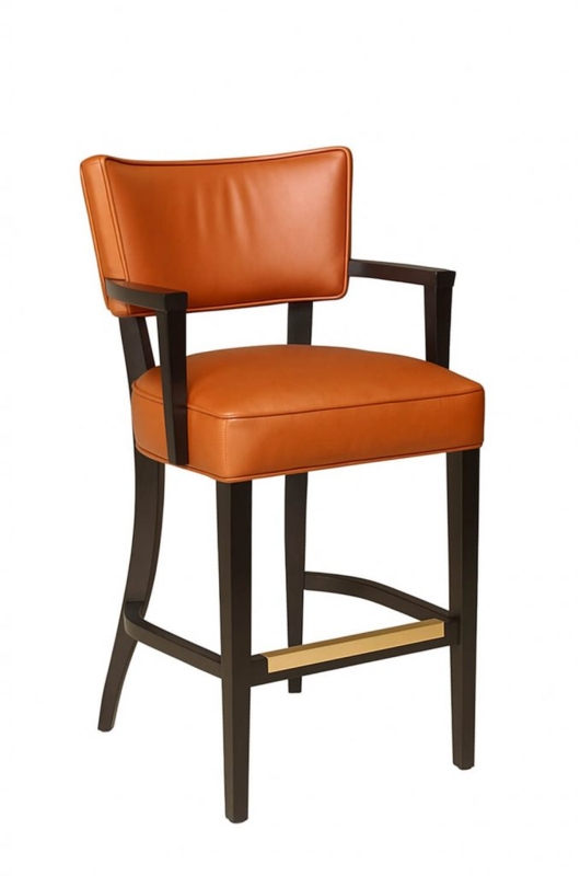 Bar Stool, Transitional Wood Frame with Arms and Brass Footrest Plate