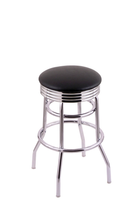 Bar Stool Triple Ring Seat Apron Black Backless Swivel Chrome