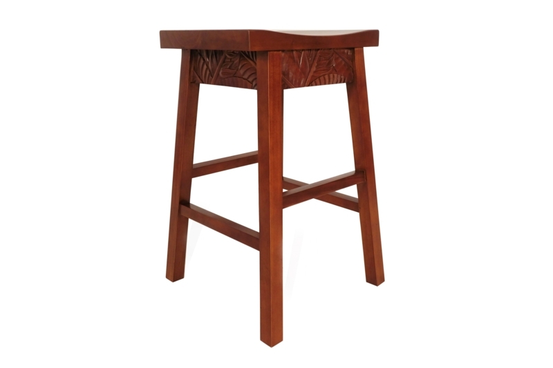 Bar Stool Tropical Leaf Carved Apron in Rich Mahogany Brown