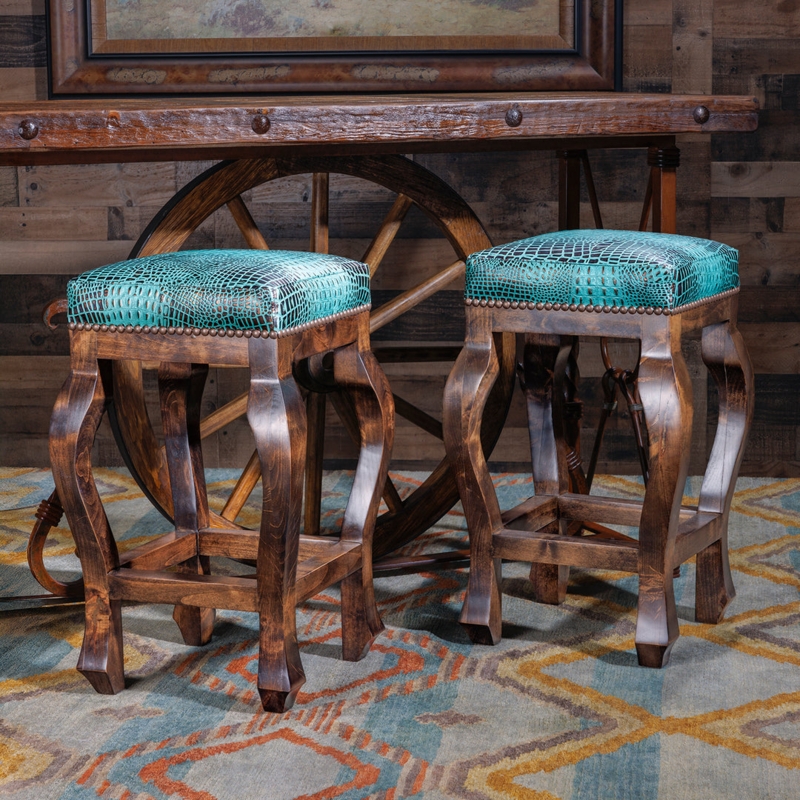 Bar Stool, Turquoise Crocodile Upholstery, Curved Cabriole Legs, Backless