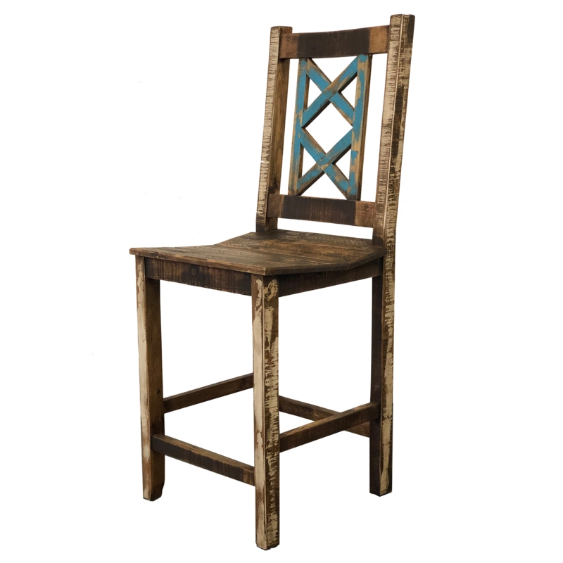Bar Stool Turquoise X-Back Distressed Wood Southwestern