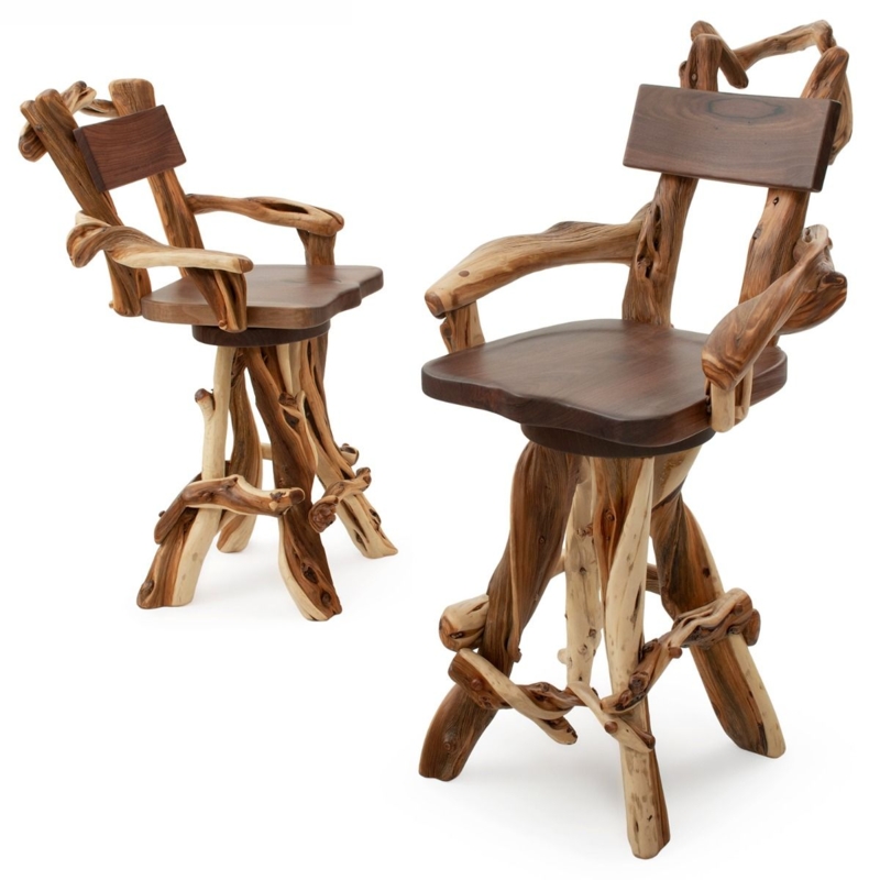 Bar Stool Twisted Juniper Log Swivel with Walnut Finish Seat
