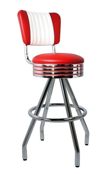 Bar Stool Two-Tone Cherry Red White Swivel Ribbed Chrome Tufted