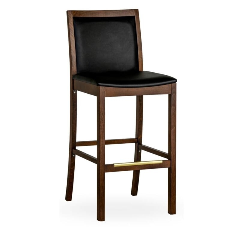 Bar Stool Upholstered Walnut with Black Vinyl and Brass Kickplate