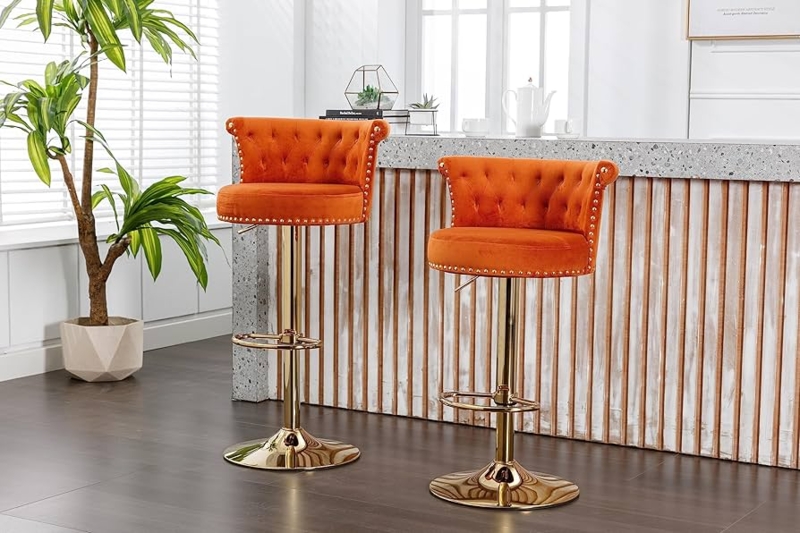 Bar Stool, Velvet Button Tufted Swivel with Gold Trumpet Base