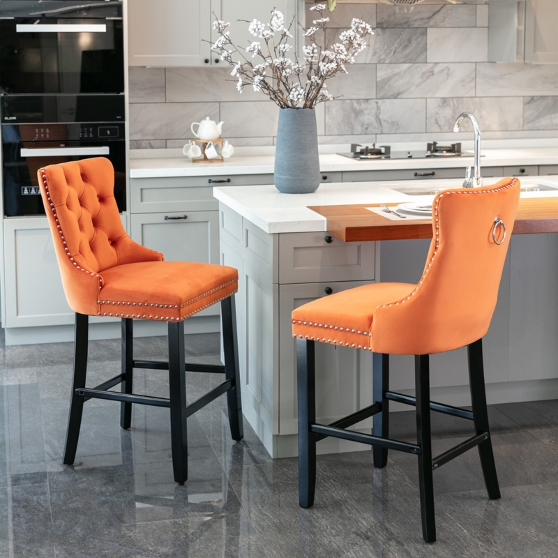 Bar Stool, Velvet Wingback with Unique Ring Pull and Silver Trim