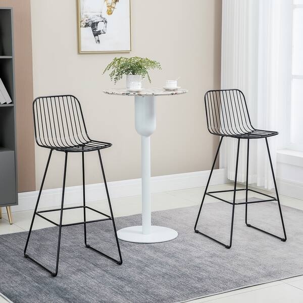 Bar Stool Vertical Slats Matte Black Wire Frame Sled Base Set of Two