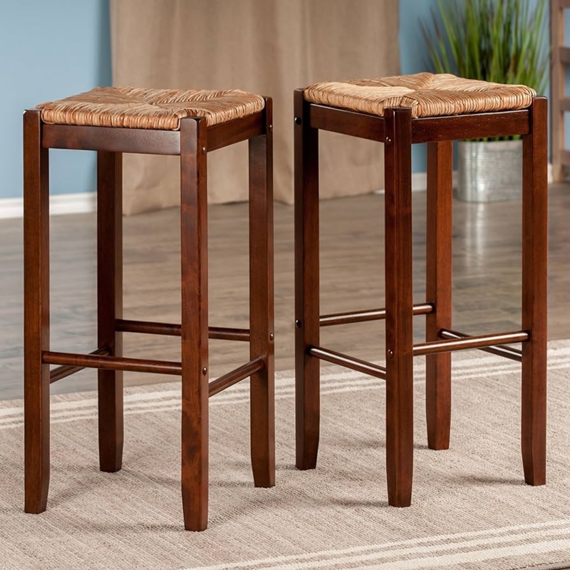 Bar Stool Walnut Backless Square Legs Rustic Woven Seat Farmhouse